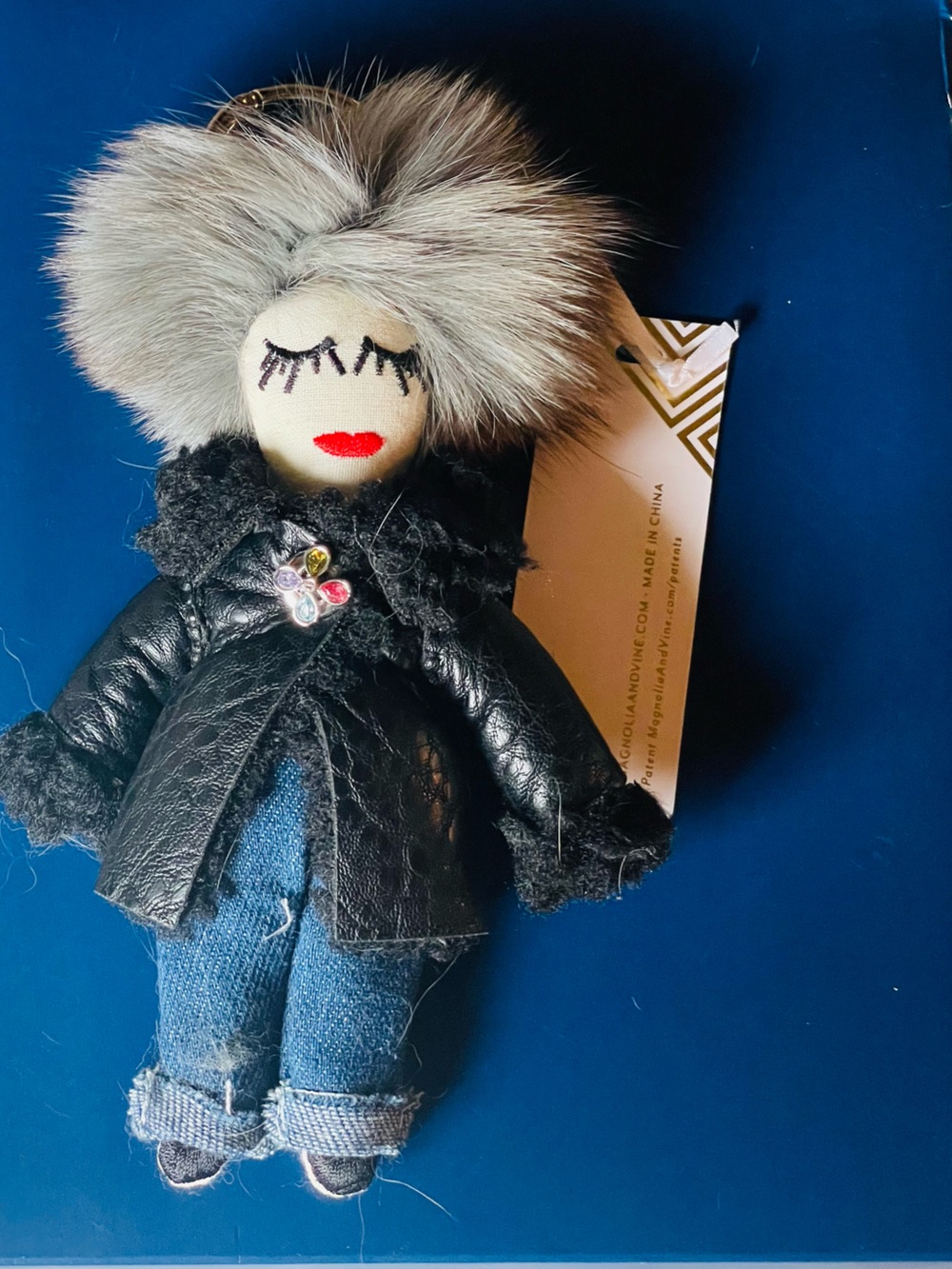 Plush Doll Keychain Card Holder - Black Coat with Gray Fur